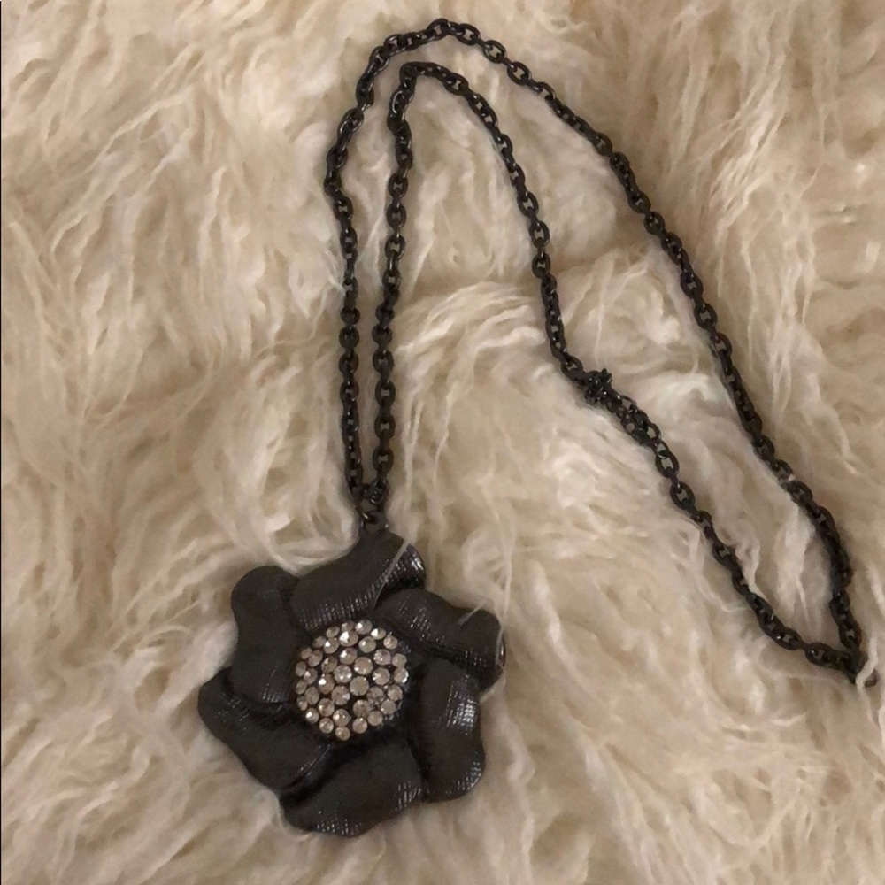 Rhinestone Pewter Metal Flower Pendant Necklace